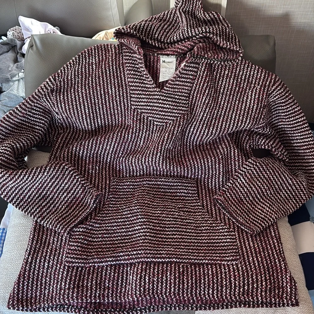 Mexican Poncho Baja Hoodie Surfer Skater Pullover Burgundy UNISEX - Picture 2 of 3